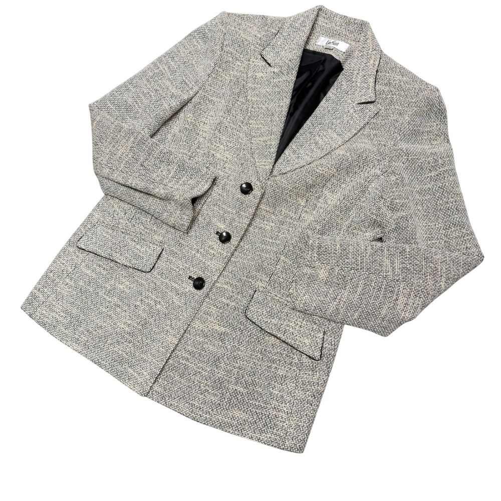 Le Suit Women 14 Blazer Jacket Tweed Textured 3-Button Professional Cream Black